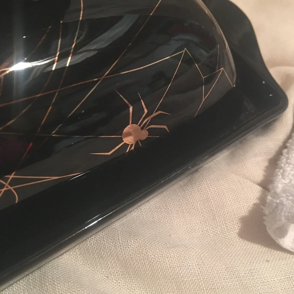 Park Chateau Spooky Ceramic Halloween Black Butter Dish With Gold Spiders & Webs
